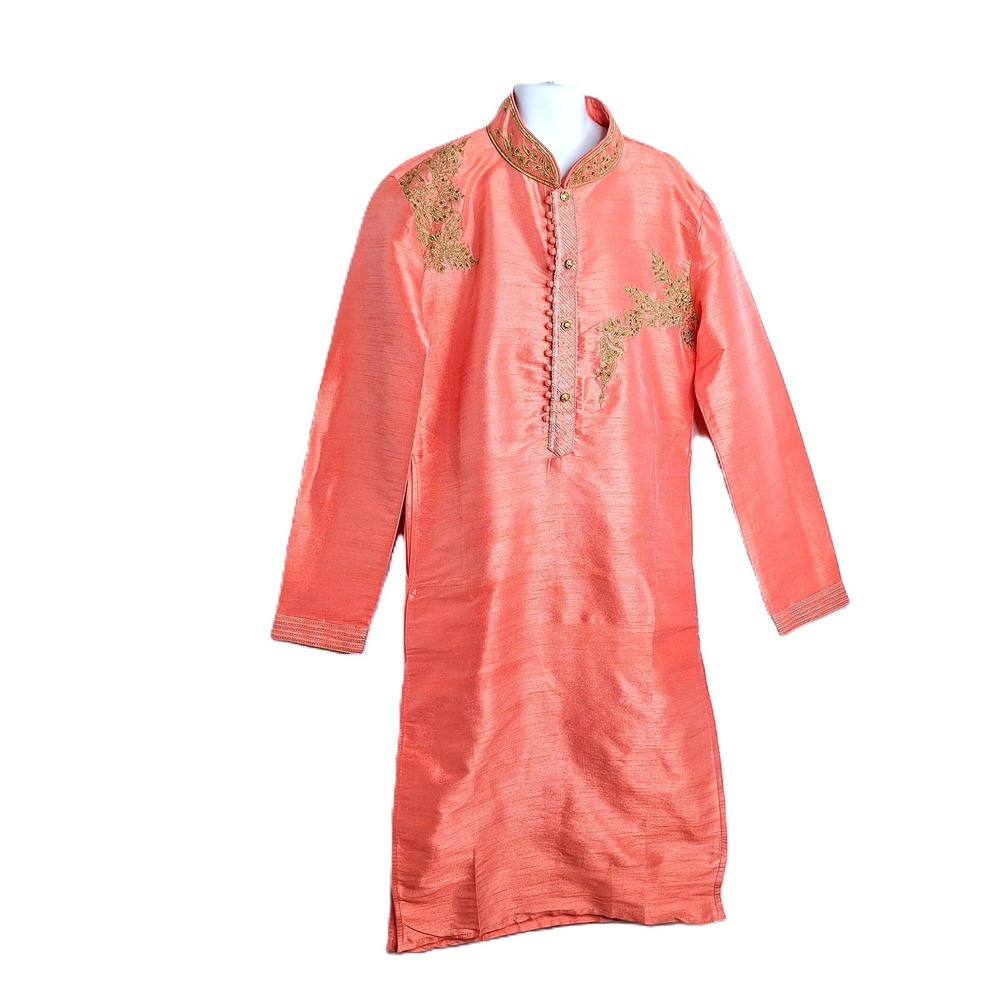 Varraja Ethnics Mens Coral Peach Gold Embroidered Kurta Tunic Wedding Diwali